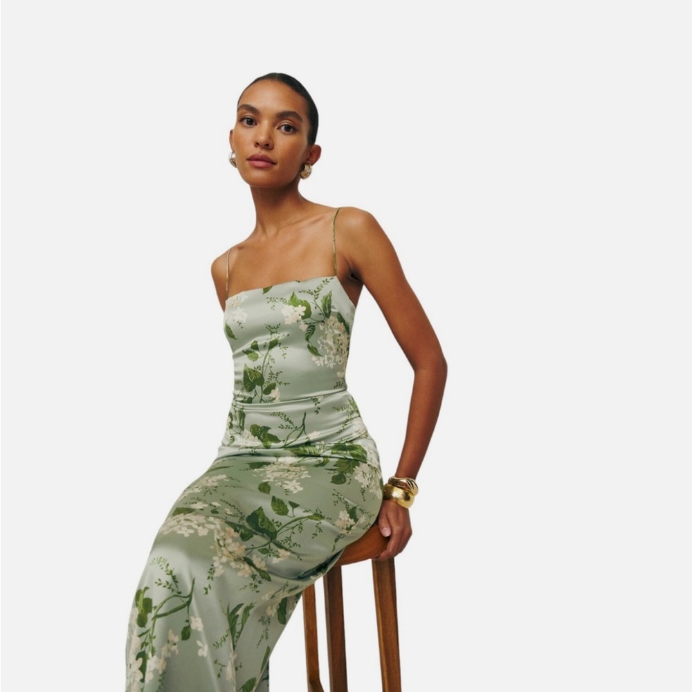 Reformation Frankie silk Floral Mint Green Slip Dress - Picture 3 of 12